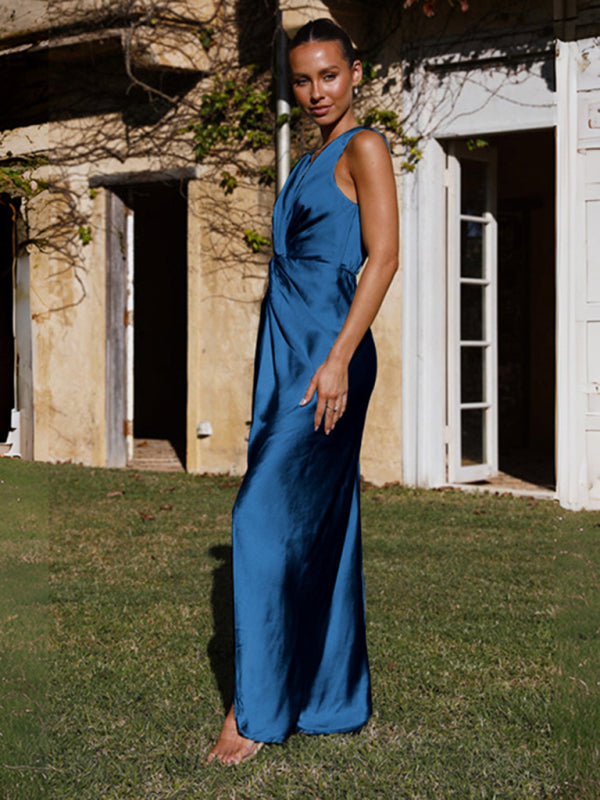 Robe sans manches plissée à col en V pour femme 