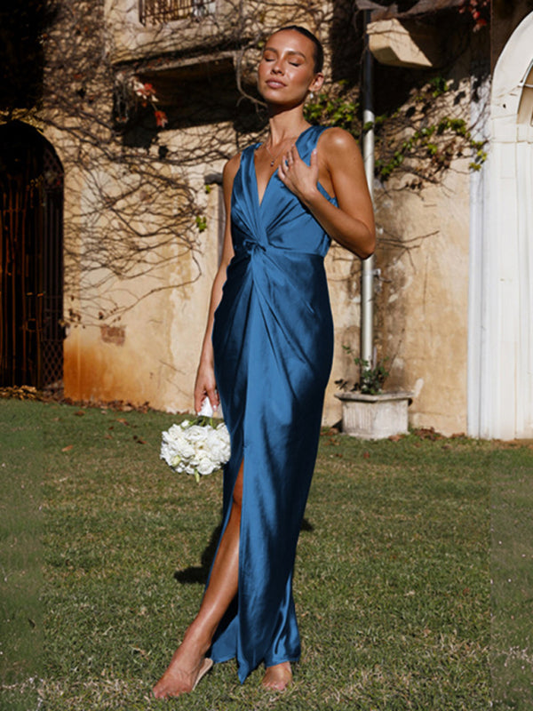 Robe sans manches plissée à col en V pour femme 