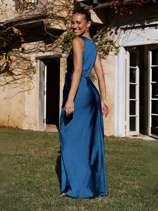 Robe sans manches plissée à col en V pour femme 