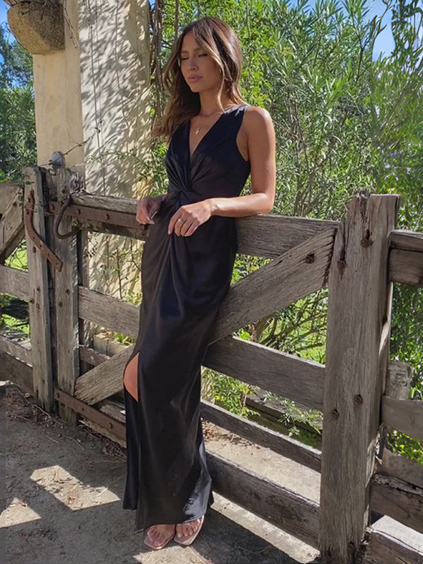 Robe sans manches plissée à col en V pour femme 