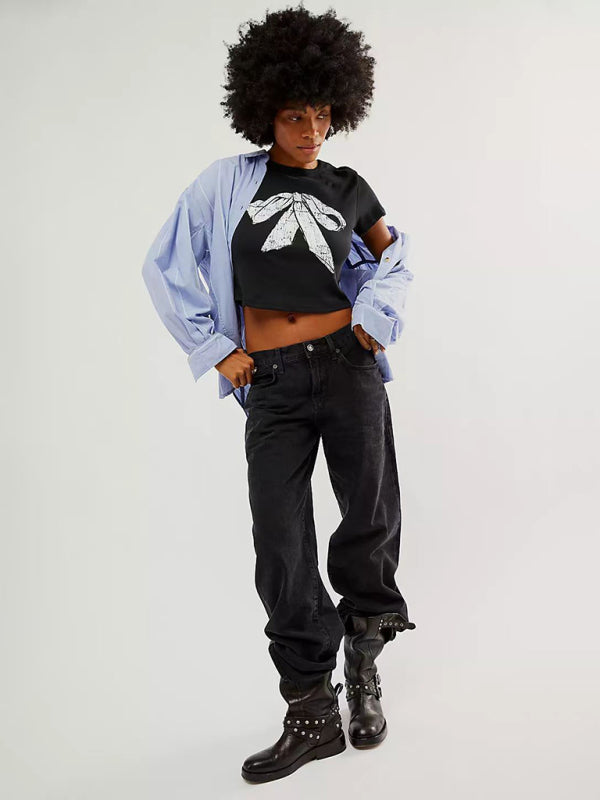 Neues Damen-T-Shirt mit Schleifenprint zum Valentinstag, Kurzarm, schmal geschnitten, Streetwear-Style, Hot Girl Fashion 