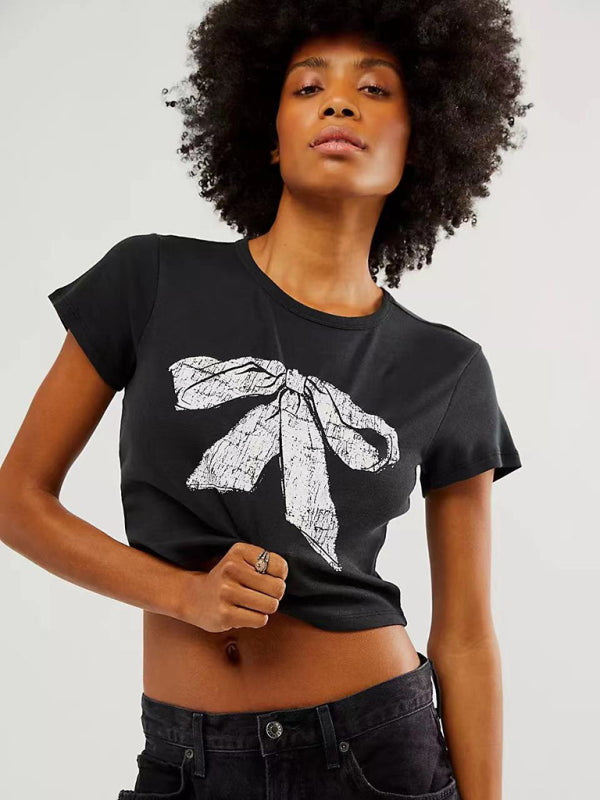 Neues Damen-T-Shirt mit Schleifenprint zum Valentinstag, Kurzarm, schmal geschnitten, Streetwear-Style, Hot Girl Fashion 