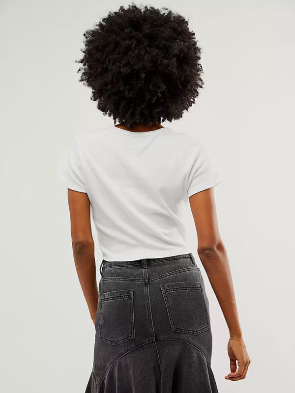 Neues Damen-T-Shirt mit Schleifenprint zum Valentinstag, Kurzarm, schmal geschnitten, Streetwear-Style, Hot Girl Fashion 