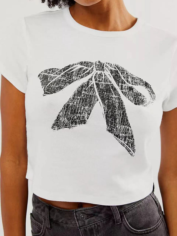 Neues Damen-T-Shirt mit Schleifenprint zum Valentinstag, Kurzarm, schmal geschnitten, Streetwear-Style, Hot Girl Fashion 
