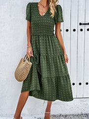 Women's casual solid color V-neck polka dot short-sleeved dress