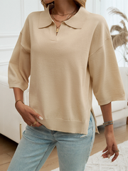 Solid Color Lapel Loose Sweater – front view with model