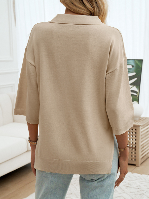 Solid Color Lapel Loose Sweater – back view