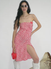 Women's new sexy off-the-shoulder tube top with bow and irregular slit floral dress