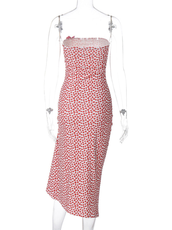 Women's new sexy off-the-shoulder tube top with bow and irregular slit floral dress