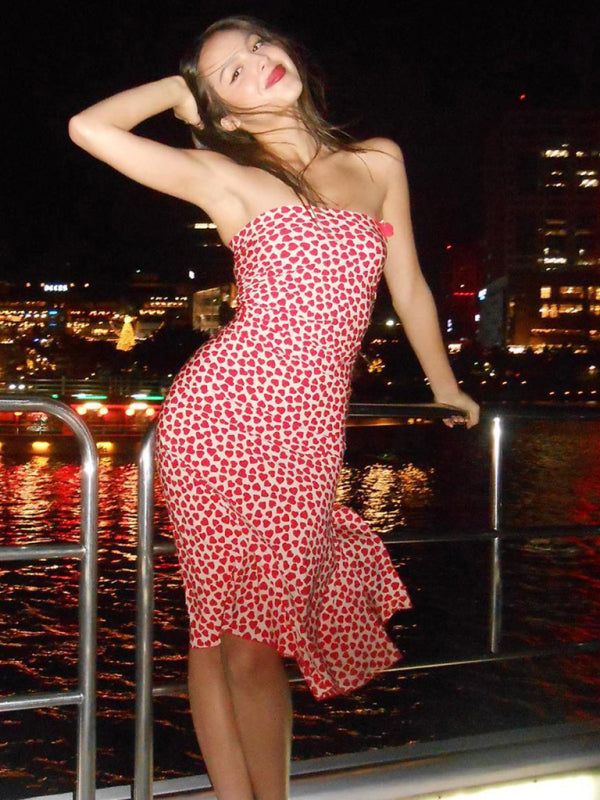 Women's new sexy off-the-shoulder tube top with bow and irregular slit floral dress
