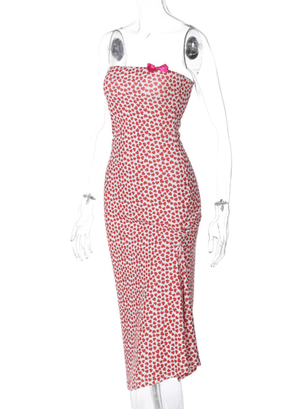 Women's new sexy off-the-shoulder tube top with bow and irregular slit floral dress