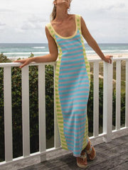Women's New Casual Knitted Long Dress with U-neck, Open Back, Sleeveless, and Color Block Design