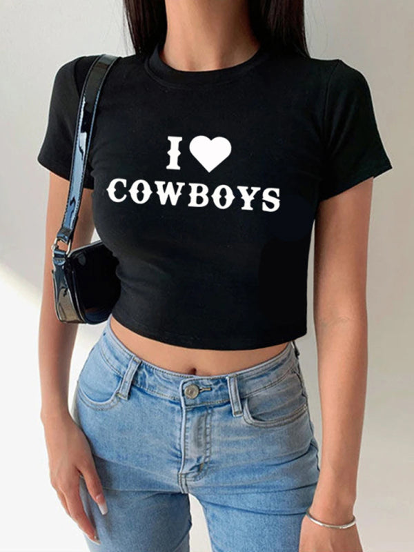 Neues lässiges kurzes Damen-Top mit „I Love Cowboys“-Buchstabenprint 