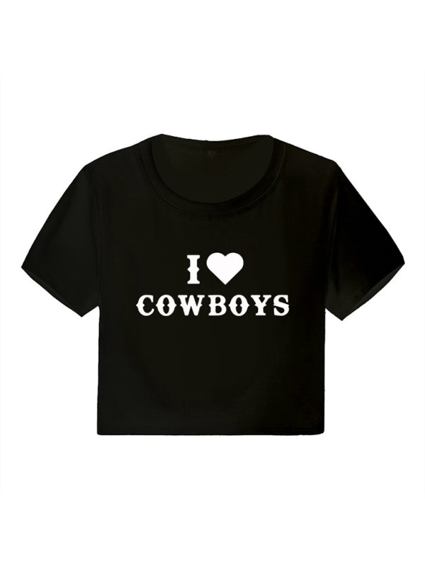 Neues lässiges kurzes Damen-Top mit „I Love Cowboys“-Buchstabenprint 