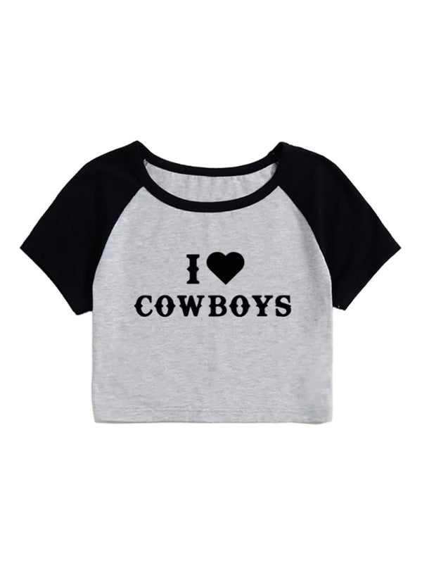 Neues lässiges kurzes Damen-Top mit „I Love Cowboys“-Buchstabenprint 