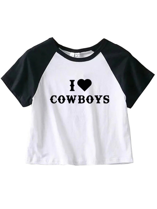 Neues lässiges kurzes Damen-Top mit „I Love Cowboys“-Buchstabenprint 