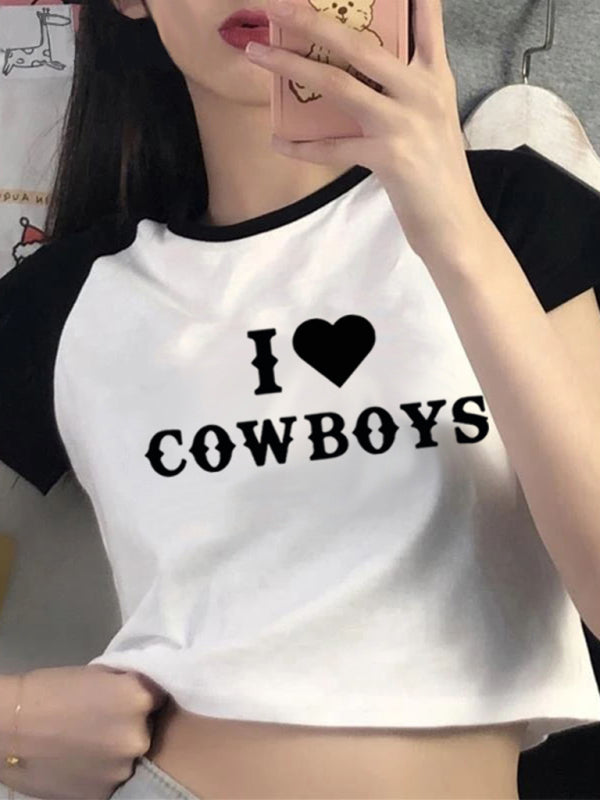 Neues lässiges kurzes Damen-Top mit „I Love Cowboys“-Buchstabenprint 