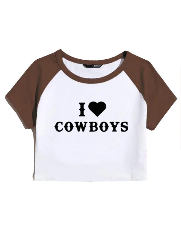 Neues lässiges kurzes Damen-Top mit „I Love Cowboys“-Buchstabenprint 