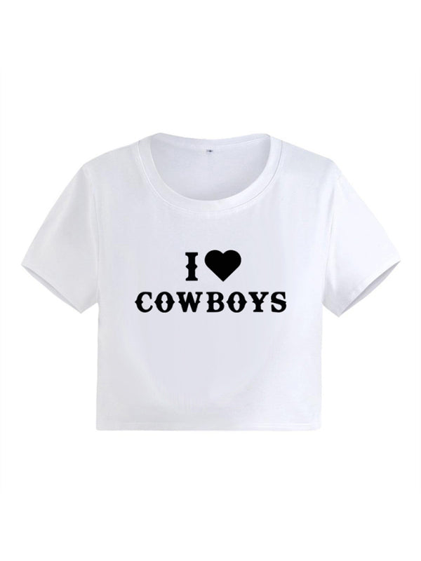 Neues lässiges kurzes Damen-Top mit „I Love Cowboys“-Buchstabenprint 