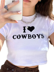 Neues lässiges kurzes Damen-Top mit „I Love Cowboys“-Buchstabenprint 