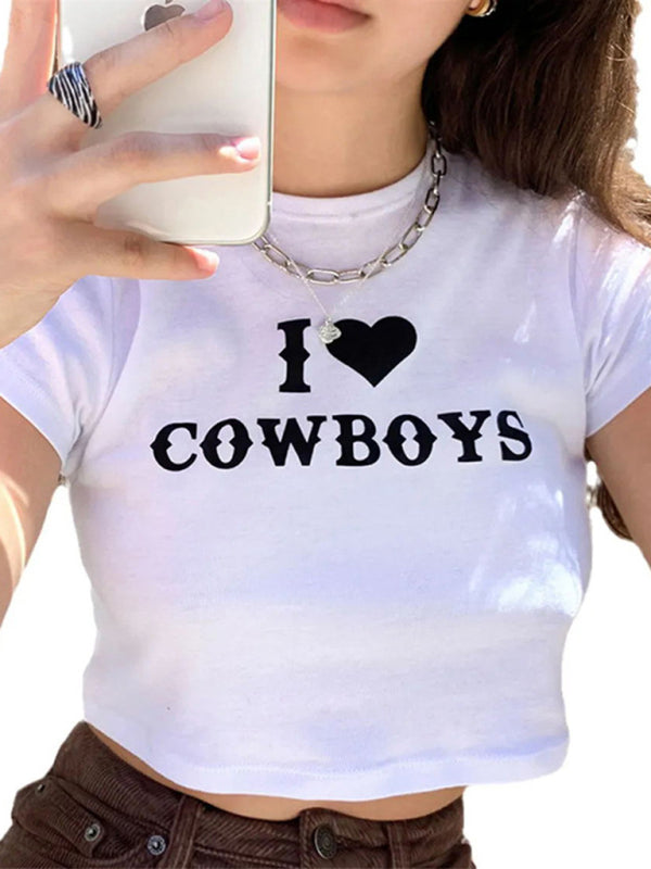 Neues lässiges kurzes Damen-Top mit „I Love Cowboys“-Buchstabenprint 