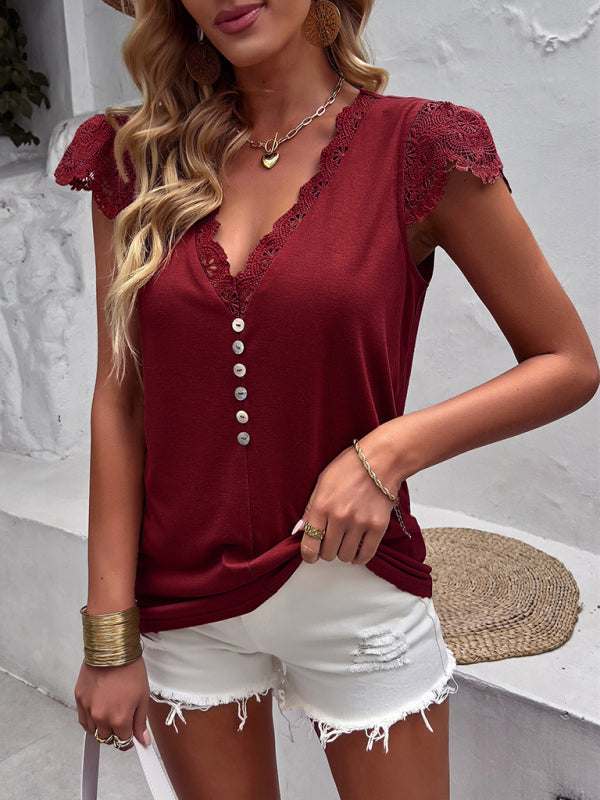 Haut en maille à col en V et manches en dentelle patchwork pour femme 