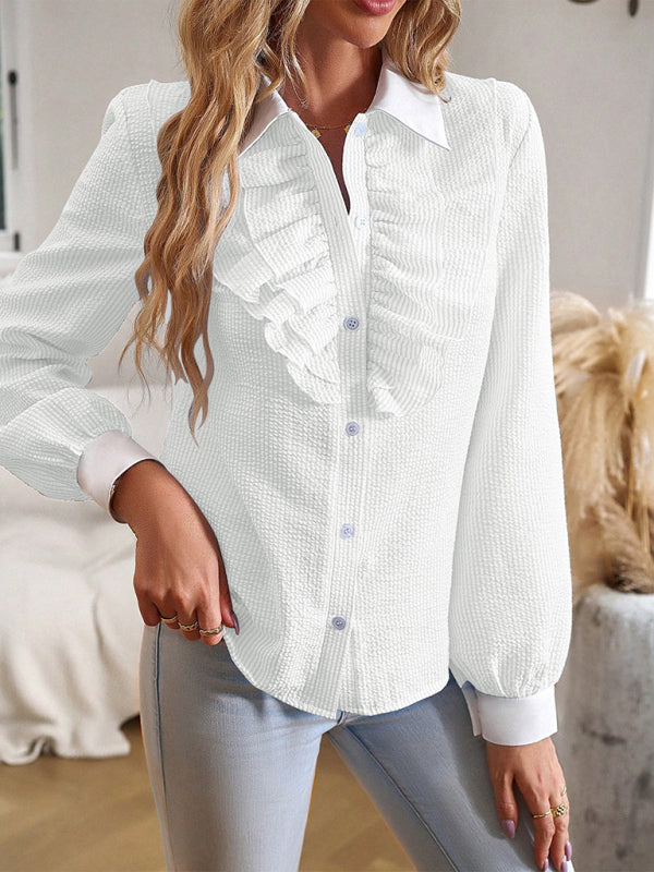 Chemisier à manches longues patchwork en dentelle et revers pour femme, idéal pour les trajets domicile-travail 