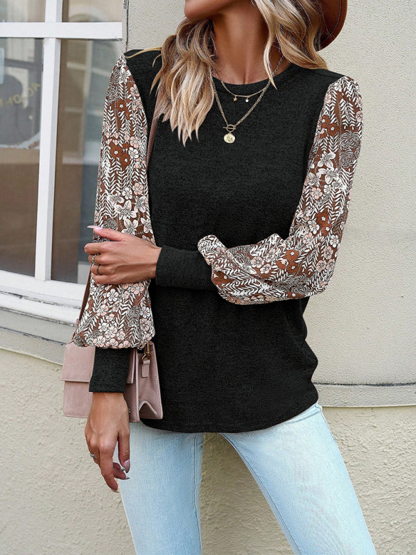 Women's elegant commuter round collared patchwork long-sleeved top