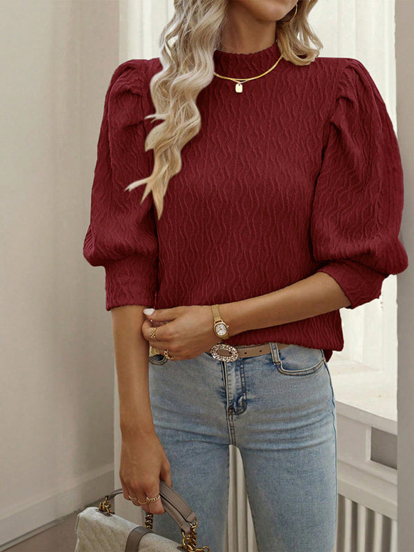 Haut élégant à manches courtes bouffantes, couleur unie, pour femme, idéal pour les trajets domicile-travail 