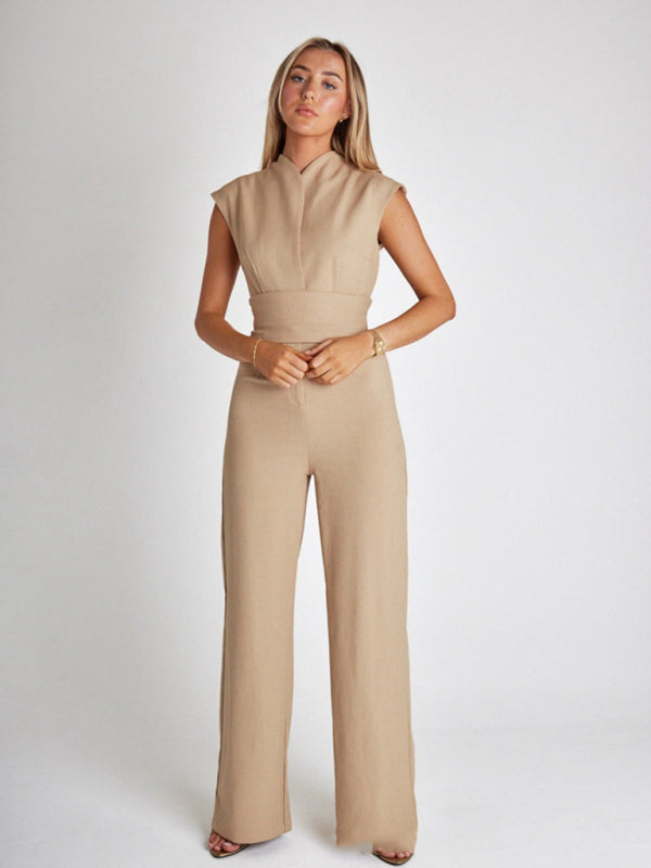 New style temperament strapped waist solid color V-neck sleeveless wide-leg jumpsuit