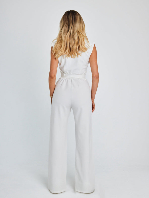 New style temperament strapped waist solid color V-neck sleeveless wide-leg jumpsuit
