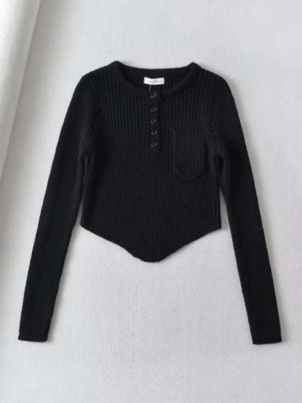 Women's new round neck thickened curved hem short long-sleeved sweater