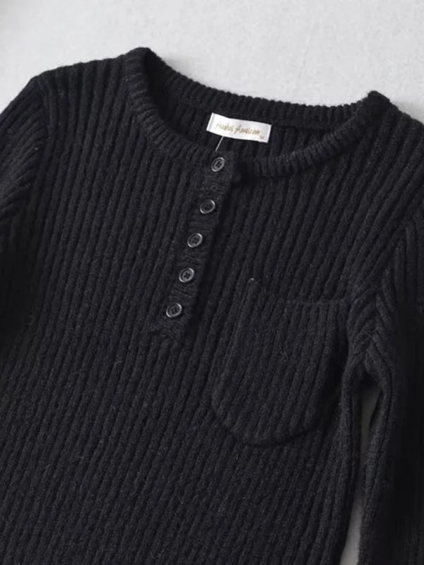 Women's new round neck thickened curved hem short long-sleeved sweater