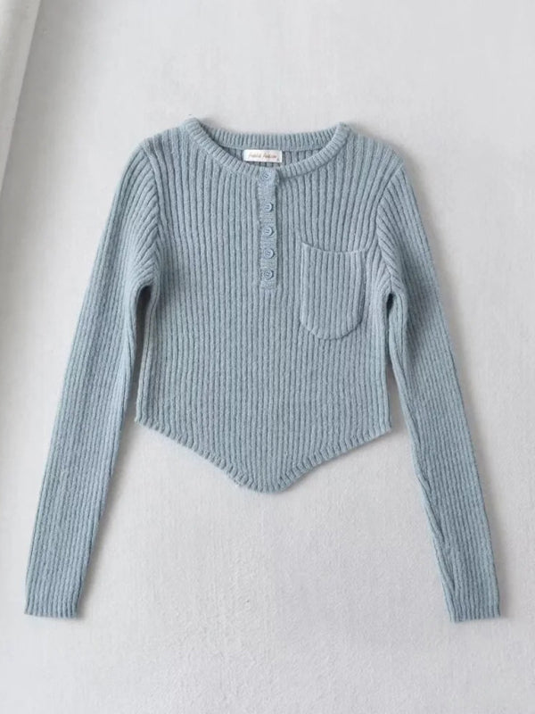 Women's new round neck thickened curved hem short long-sleeved sweater