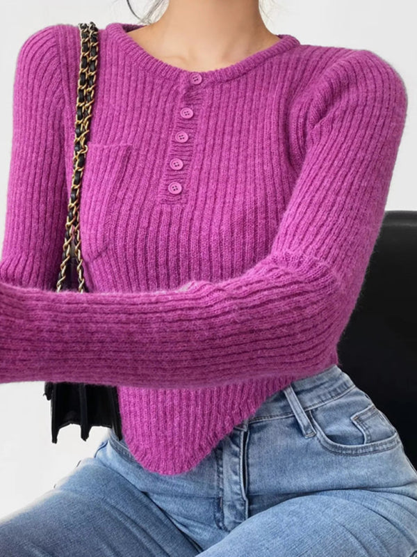 Women's new round neck thickened curved hem short long-sleeved sweater