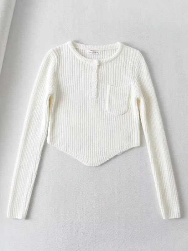 Women's new round neck thickened curved hem short long-sleeved sweater