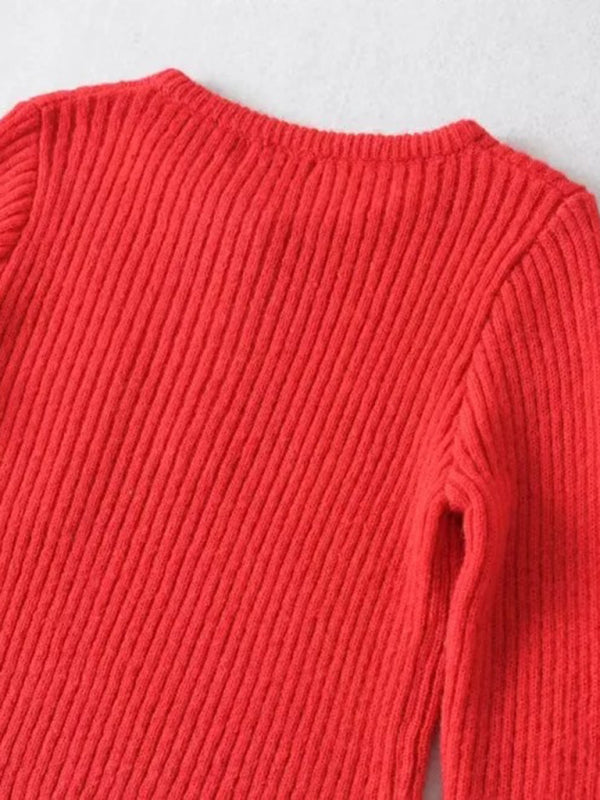 Women's new round neck thickened curved hem short long-sleeved sweater
