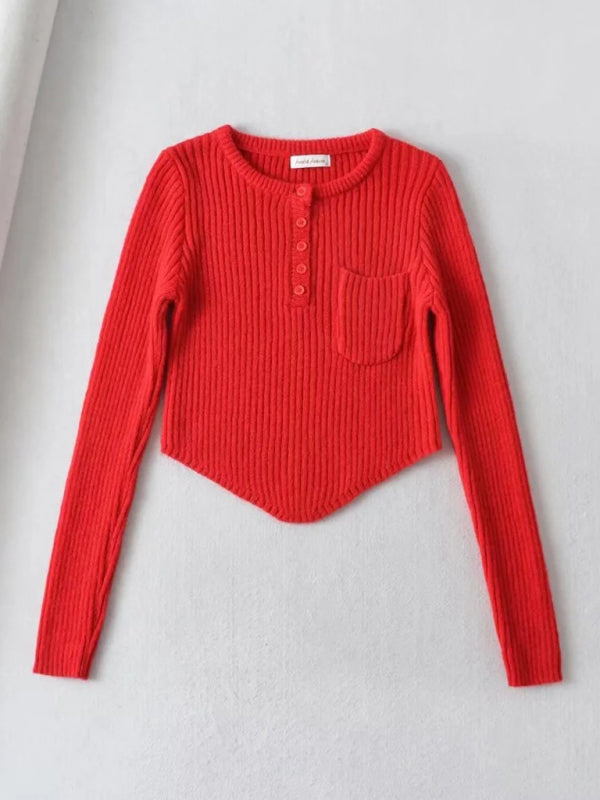 Women's new round neck thickened curved hem short long-sleeved sweater