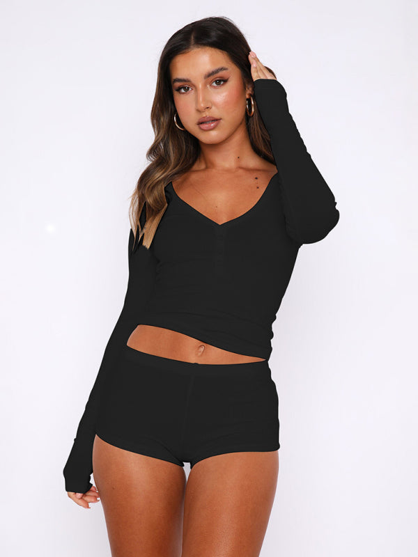 Ensemble 2 pièces short et short à manches longues en maille pour femme 