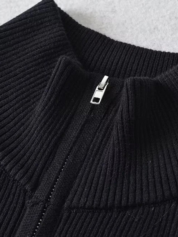 Nouveau cardigan rayé à manches longues cintrées et fermeture éclair double curseur pour femme 