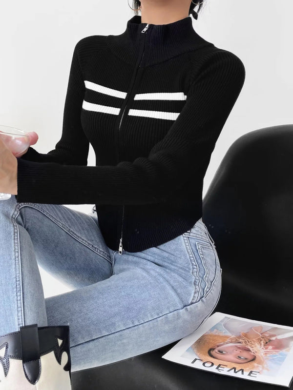 Nouveau cardigan rayé à manches longues cintrées et fermeture éclair double curseur pour femme 