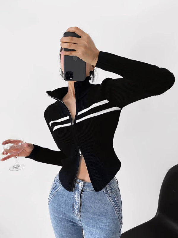 Nouveau cardigan rayé à manches longues cintrées et fermeture éclair double curseur pour femme 