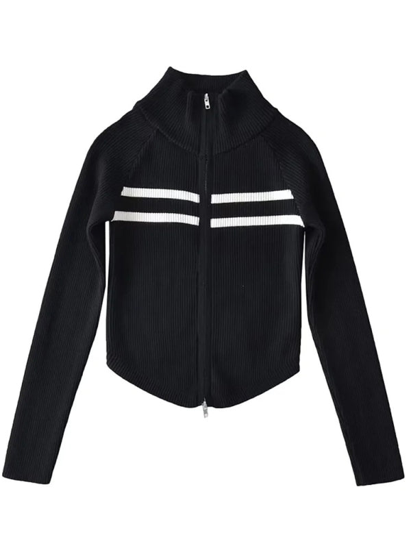 Nouveau cardigan rayé à manches longues cintrées et fermeture éclair double curseur pour femme 