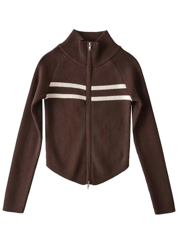 Nouveau cardigan rayé à manches longues cintrées et fermeture éclair double curseur pour femme 