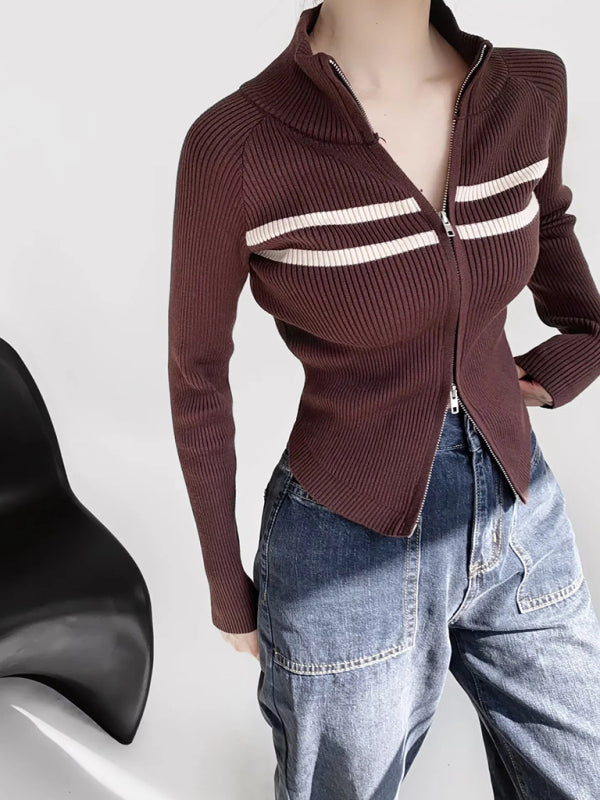 Nouveau cardigan rayé à manches longues cintrées et fermeture éclair double curseur pour femme 