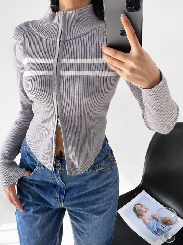 Nouveau cardigan rayé à manches longues cintrées et fermeture éclair double curseur pour femme 