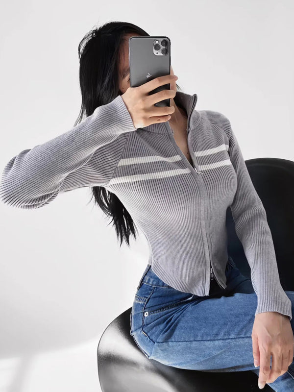 Nouveau cardigan rayé à manches longues cintrées et fermeture éclair double curseur pour femme 
