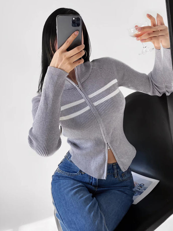 Nouveau cardigan rayé à manches longues cintrées et fermeture éclair double curseur pour femme 