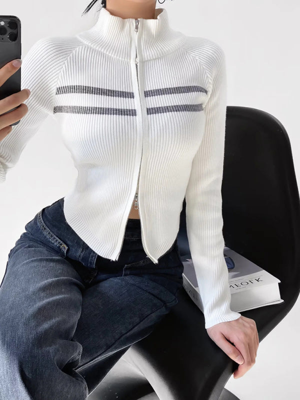 Nouveau cardigan rayé à manches longues cintrées et fermeture éclair double curseur pour femme 