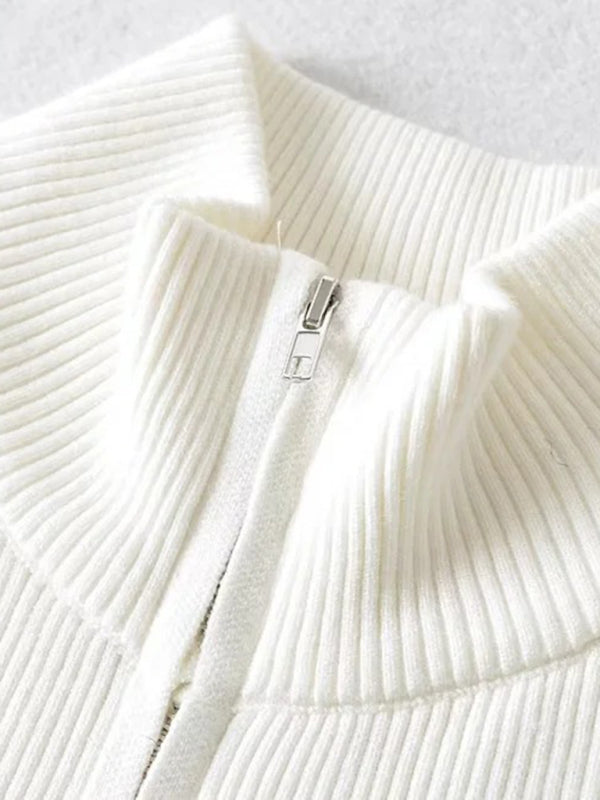 Nouveau cardigan rayé à manches longues cintrées et fermeture éclair double curseur pour femme 